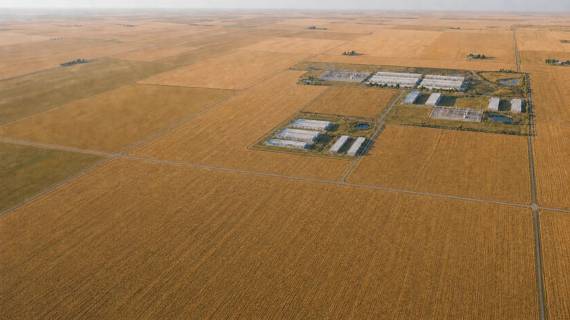 Aerial rendering of the Piedmont Plains Technology Park campus across open Oklahoma farmland, with roads, ponds, and sparse tree-lined boundaries