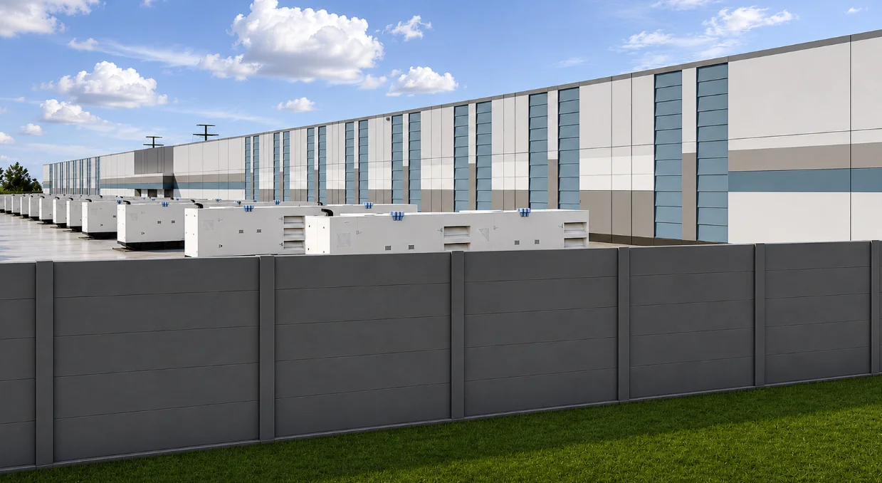 Ground-level close-up rendering of a data center building showing the perimeter screening wall and backup generators