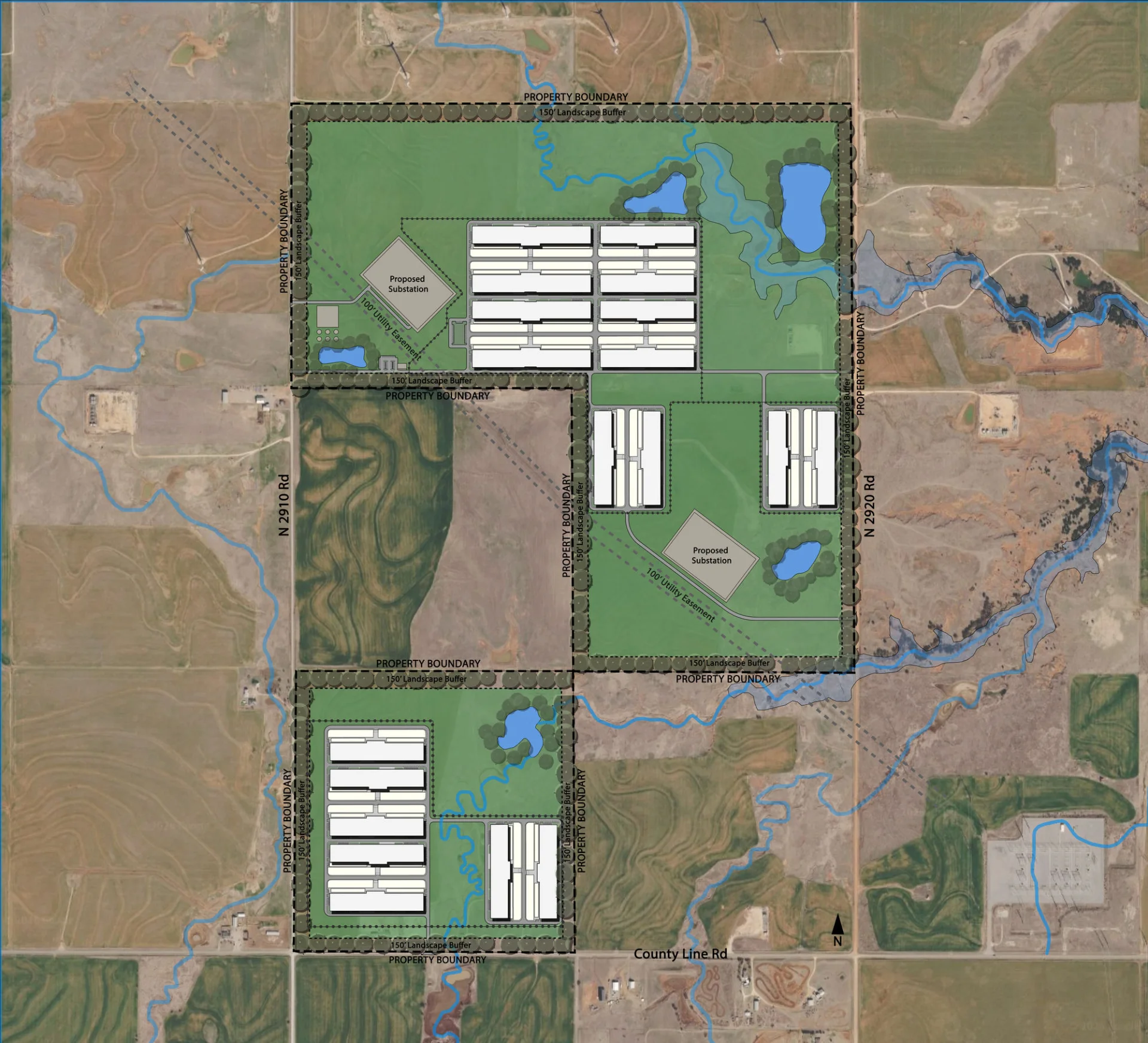 Proposed master site plan for Piedmont Plains Technology Park: four development parcels, each set inside a 150-foot landscape buffer along the property boundary, with proposed substations, a 100-foot utility easement, retained open space, and stormwater ponds.
